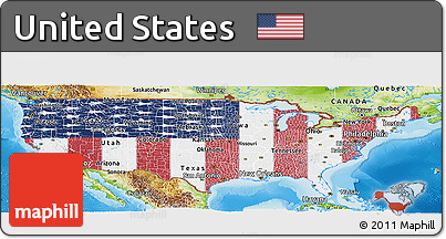 Flag Panoramic Map of United States, physical outside, flag rotated