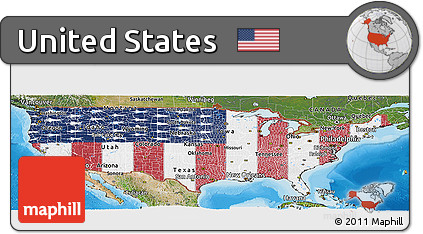 Flag Panoramic Map of United States, satellite outside, bathymetry sea, flag rotated