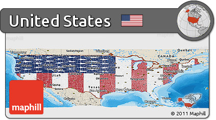 Flag Panoramic Map of United States, shaded relief outside, bathymetry sea, flag rotated
