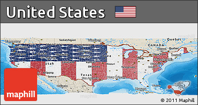 Flag Panoramic Map of United States, shaded relief outside, bathymetry sea, flag rotated