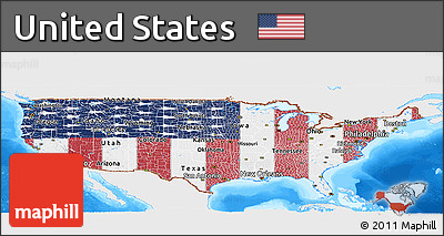 Flag Panoramic Map of United States, single color outside, bathymetry sea, flag rotated