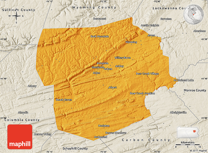 Political Map of Luzerne County, shaded relief outside
