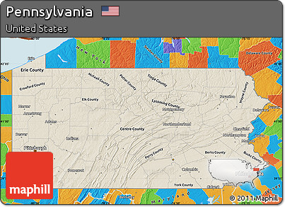 Shaded Relief Map of Pennsylvania, political outside