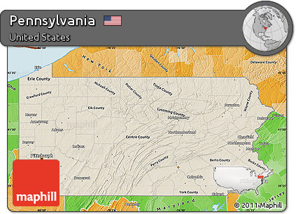 Shaded Relief Map of Pennsylvania, political shades outside