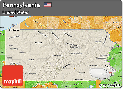Shaded Relief Map of Pennsylvania, political shades outside