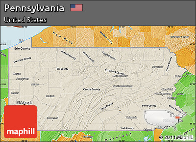 Shaded Relief Map of Pennsylvania, political shades outside