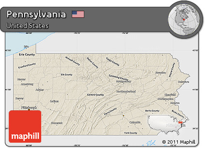 Shaded Relief Map of Pennsylvania, single color outside