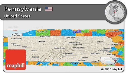 Shaded Relief Panoramic Map of Pennsylvania, political outside