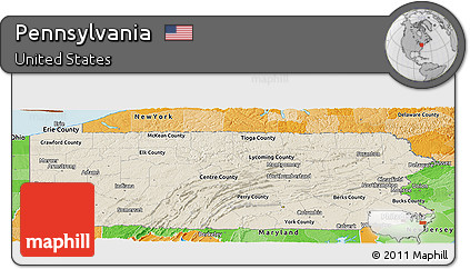 Shaded Relief Panoramic Map of Pennsylvania, political shades outside