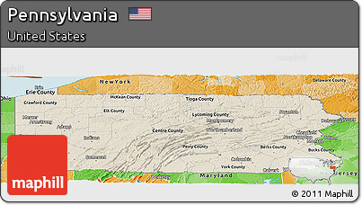 Shaded Relief Panoramic Map of Pennsylvania, political shades outside