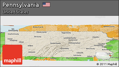 Shaded Relief Panoramic Map of Pennsylvania, political shades outside