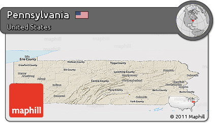 Shaded Relief Panoramic Map of Pennsylvania, single color outside