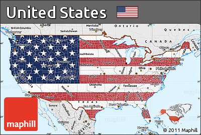 Flag Simple Map of United States, single color outside, borders and labels, flag centered