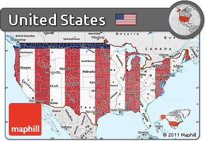 Flag Simple Map of United States, single color outside, borders and labels, flag aligned to the middle