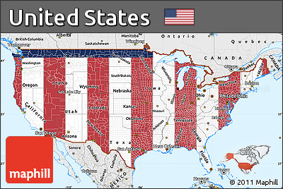 Flag Simple Map of United States, single color outside, borders and labels, flag aligned to the middle