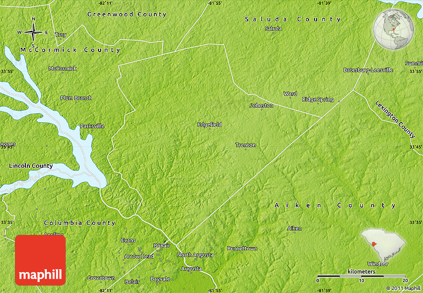 Physical Map of Edgefield County