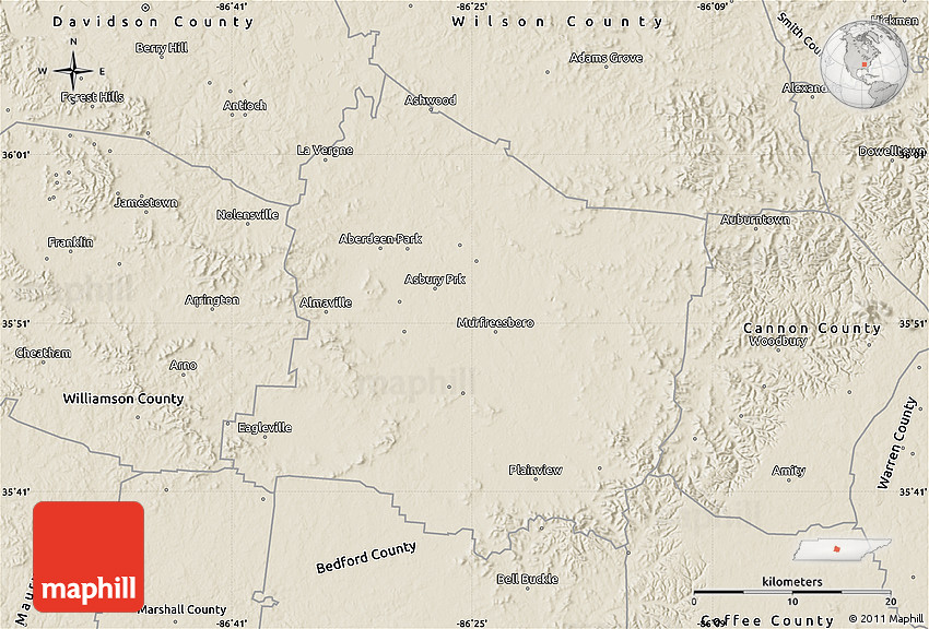 Shaded Relief Map of Rutherford County