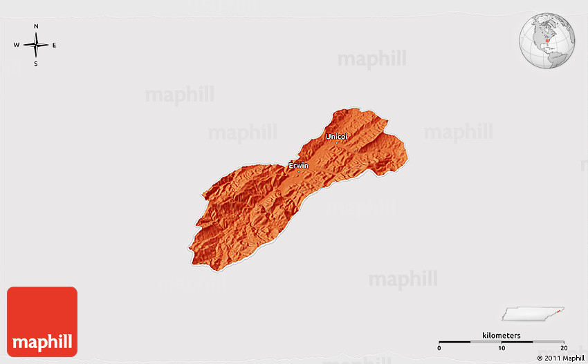 Political 3D Map of Unicoi County, cropped outside