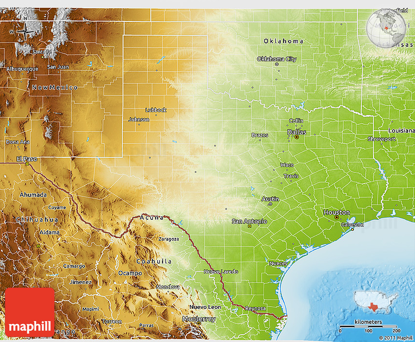 Physical 3D Map of Texas