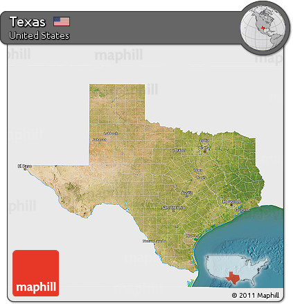 Satellite 3D Map of Texas, single color outside