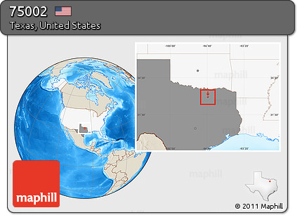 Shaded Relief Location Map of ZIP Code 75002, highlighted country, highlighted state