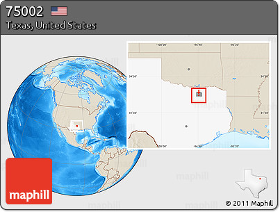 Shaded Relief Location Map of ZIP Code 75002, highlighted county, highlighted state