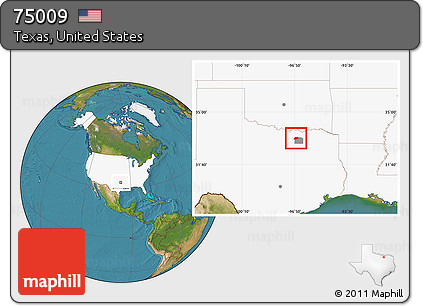 Satellite Location Map of ZIP Code 75009, highlighted country, highlighted county