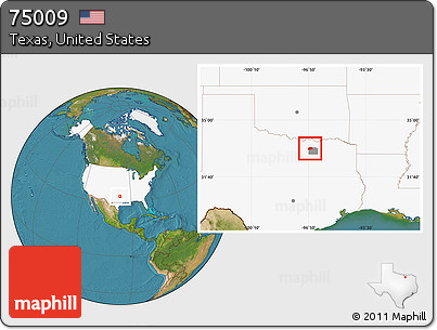 Satellite Location Map of ZIP Code 75009, highlighted country, highlighted county