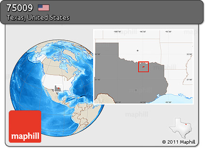 Shaded Relief Location Map of ZIP Code 75009, highlighted country, highlighted state