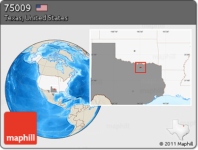 Shaded Relief Location Map of ZIP Code 75009, highlighted country, highlighted state