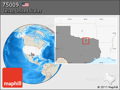 Shaded Relief Location Map of ZIP Code 75009, highlighted country, highlighted state