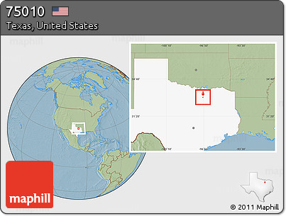 Savanna Style Location Map of ZIP Code 75010, highlighted state, hill shading