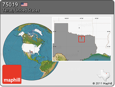 Satellite Location Map of ZIP Code 75019, highlighted country, highlighted state