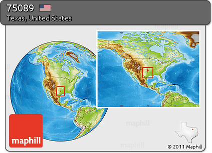 Physical Location Map of ZIP Code 75089, highlighted county, within the entire country