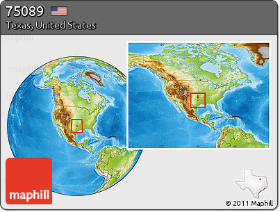 Physical Location Map of ZIP Code 75089, highlighted county, within the entire country