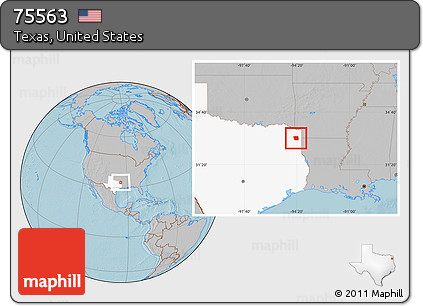 Gray Location Map of ZIP Code 75563, highlighted state, hill shading