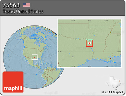 Savanna Style Location Map of ZIP Code 75563, highlighted county, hill shading