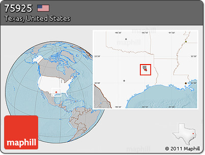 Gray Location Map of ZIP Code 75925, highlighted country, highlighted county, hill shading