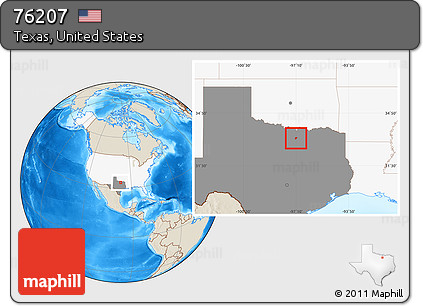 Shaded Relief Location Map of ZIP Code 76207, highlighted country, highlighted state