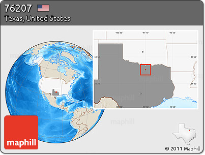 Shaded Relief Location Map of ZIP Code 76207, highlighted country, highlighted state