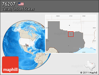Shaded Relief Location Map of ZIP Code 76207, highlighted country, highlighted state