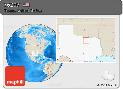 Shaded Relief Location Map of ZIP Code 76207, highlighted state