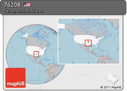 Gray Location Map of ZIP Code 76208, highlighted country, highlighted county, within the entire country, hill shading