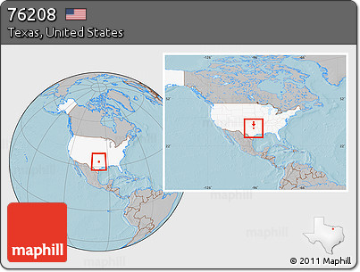 Gray Location Map of ZIP Code 76208, highlighted country, highlighted county, within the entire country, hill shading