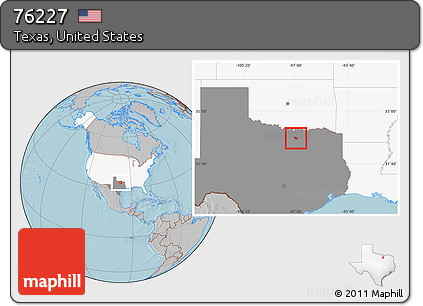 Gray Location Map of ZIP Code 76227, highlighted country, highlighted state, hill shading