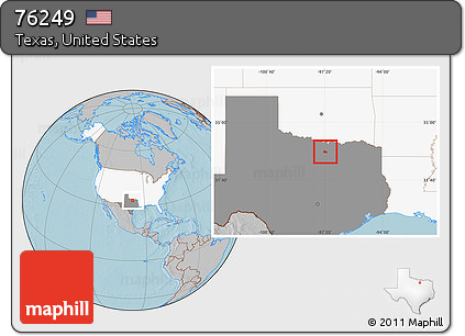 Gray Location Map of ZIP Code 76249, highlighted country, highlighted state, hill shading