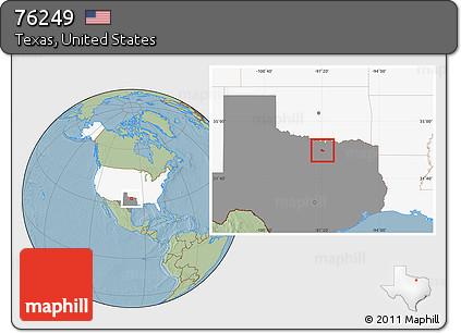 Savanna Style Location Map of ZIP Code 76249, highlighted country, highlighted state, hill shading