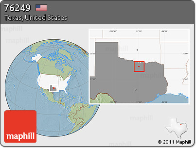 Savanna Style Location Map of ZIP Code 76249, highlighted country, highlighted state, hill shading