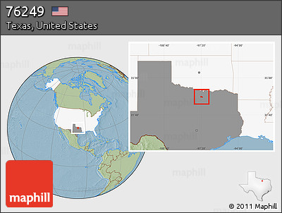 Savanna Style Location Map of ZIP Code 76249, highlighted country, highlighted state, hill shading