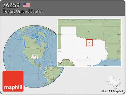 Savanna Style Location Map of ZIP Code 76259, highlighted state, hill shading